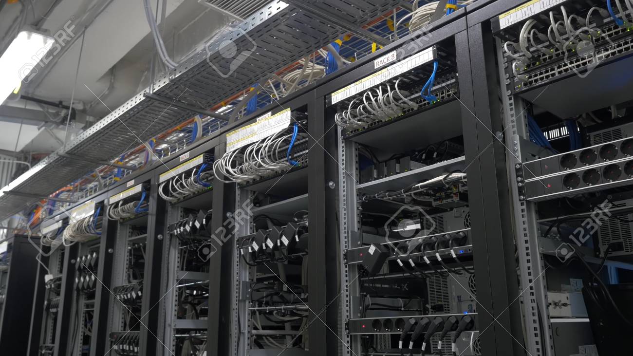 Row Of!    Bitcoin Miners Set Up On The Wired Shelfs Computer For - 